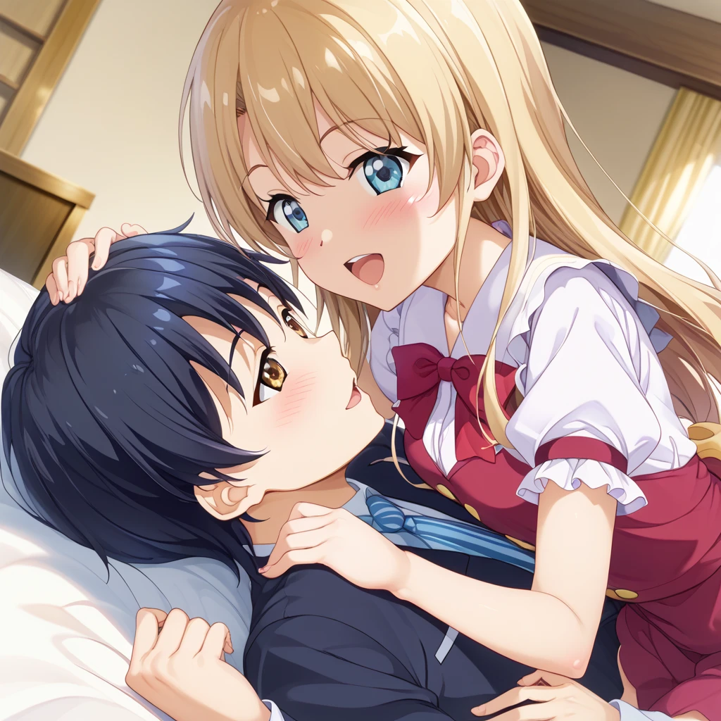 A high school student, 17 years old, flirtatious and horny, sweat and wet body, completely unbuttoned blouse, visible bra, /(school uniform: blue and white European-style highschool uniform, private institution, demure, long skirt, blouse, stockings, gloves, bow in hair, patent leather shoes, necklace, brooch in hair , gold jewelry,), in a room, on the bed, near the window, in winter, fogged glass, the young woman riding on the man's hip kissing passionately while moving her pelvis, 21 years old, /(formal suit, rings on fingers,), on top of the man riding him, frontal focus,