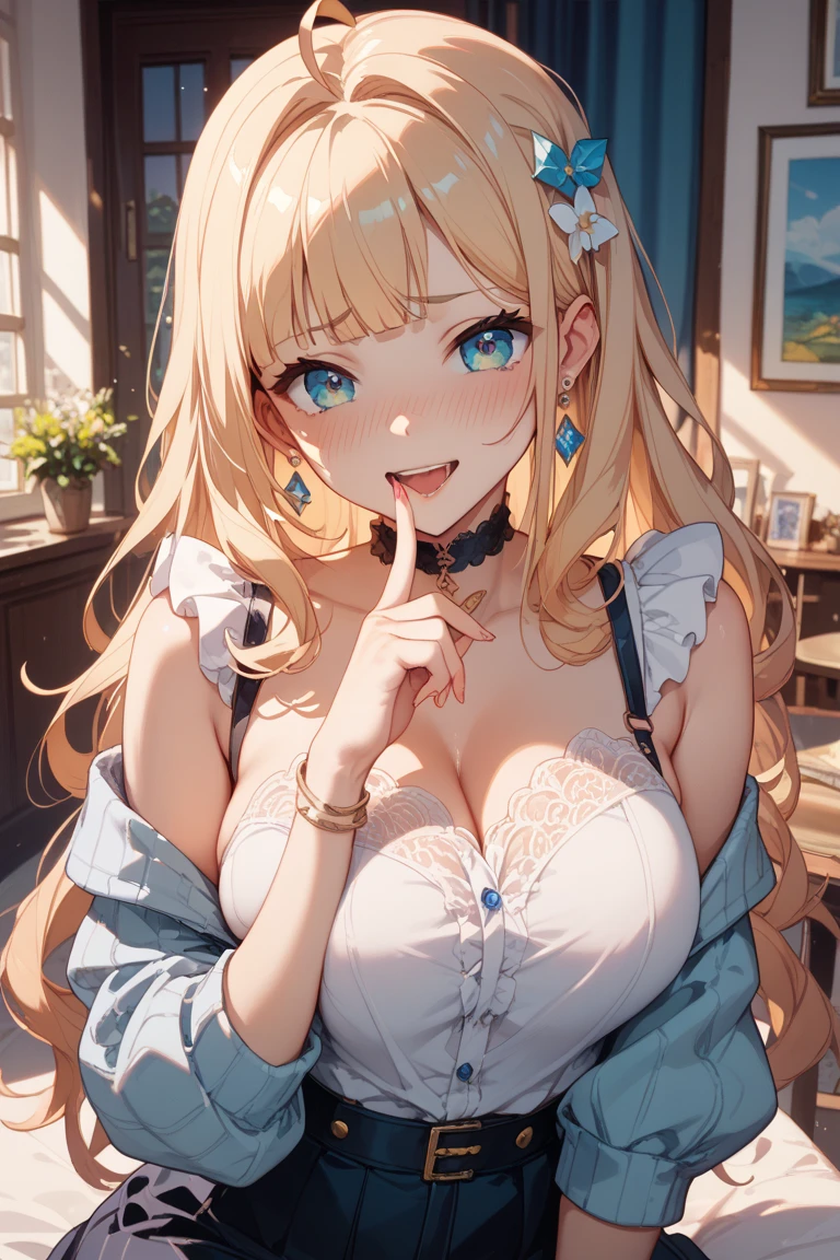 最high quality、Best image quality、masterpiece、With a girl((18-year-old、 White underwear、Best Bust、Bust 85、Blonde、semi-long、blue eyes、Open your chest wide、valley、happiness、Slender、Mischievous face、Lie on your back、On the bed、Face the viewer、Make your point to your audience)）high quality、camera film style、background((Beautifully lit room))、Tabletop、Cool Style、Exquisite design、Visual Arts