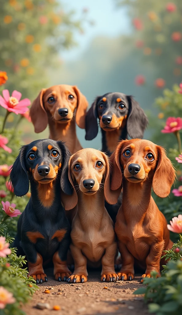 
whimsical design of three stylized dachshunds cuddling together. One is light brown, dark brown and the other is black. Beautiful pastel flowers bokeh background