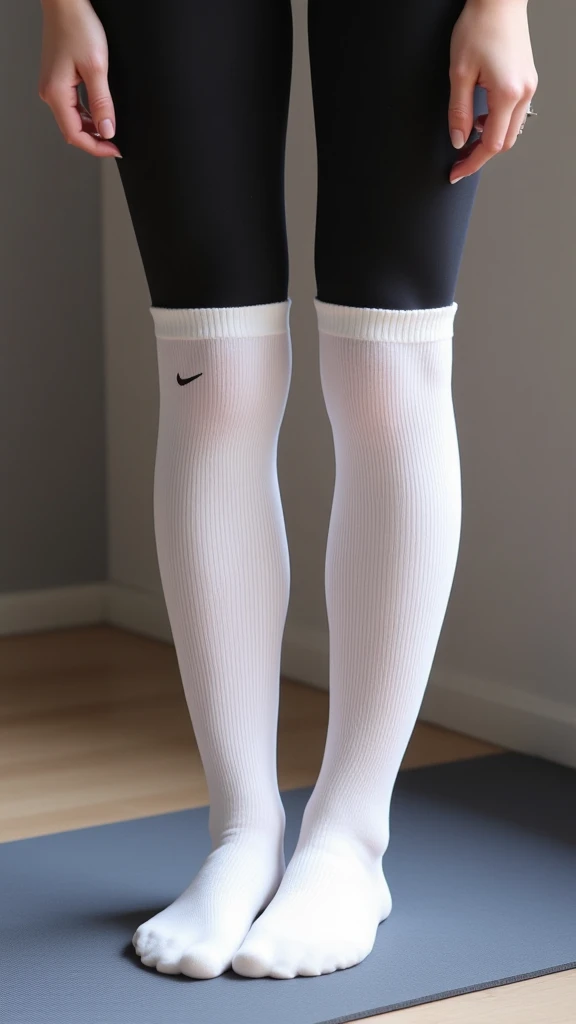a woman posing in a white top, black skirt and white thigh socks, feminine and muscular, muscular thighs, strong legs, muscular legs, muscular girl, bodybuilding woman, ripped, muscular warrior women, shredded, strong and muscular, massive legs towering over you, massive muscles, toned legs, thigh-high socks, over-the-knee socks, leg focus, close up on legs, only legs in frame