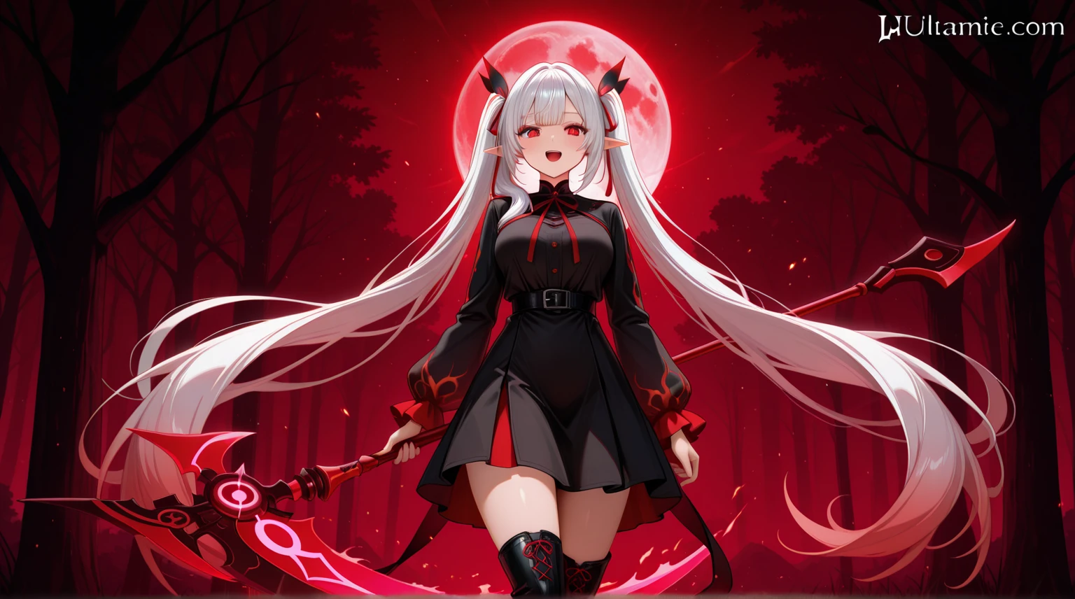 ULTRAREALISM, illustrative realism, epic fantastic art with magical creatures and lush landscapes , a full body girl, Alone , hair over the shoulder, looking at the spectator,  beautiful face,  with delicate features  , soft leather kimono, and a captivating look at the anime style , BRAKE unleashing a fiery explosion of crimson energy towards its enemy a dramatic battle scene, screaming with an open mouth, masterpiece, best quality, very aesthetic, absurdres newest, safe, expressive eyes, perfect face Adult Elf girl red eyes, white hair, white eyelashes, extra very long twin pigtails, black dress with red, medium breasts, red ribbons hair, portrait, happy face, TAK _TAK . red scythe, detailed background, dark forest with red moon, Red energy, red aura launching a ball of crimson energy, black long boots,
