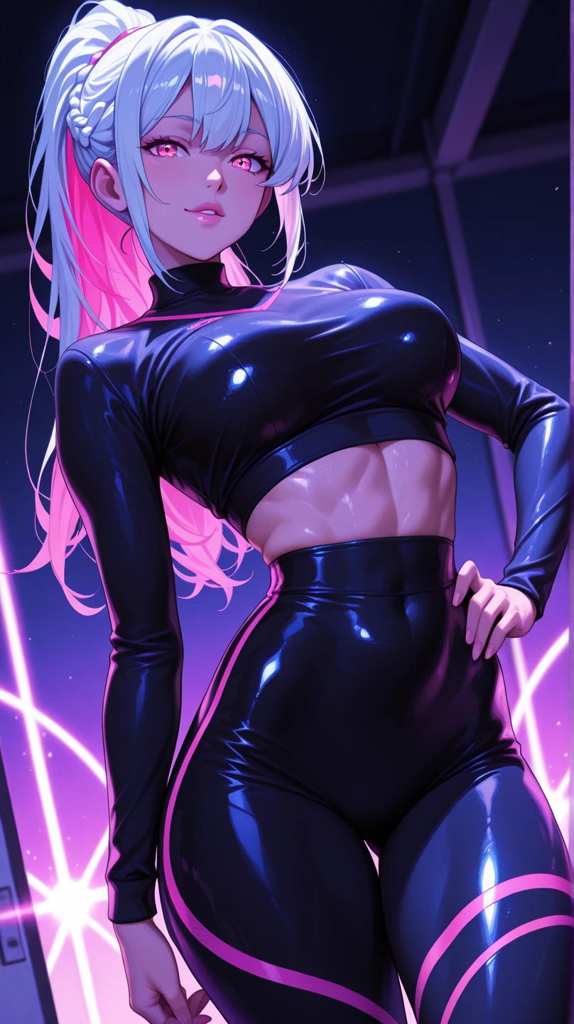 close shot of an attractive and alluring female dancer on stage, sexy pose, pale beauty, slim, fit, hourglass figure, artistic, night club, neon lights, high contrast (insanely detailed, beautiful detailed face, masterpiece, best quality)