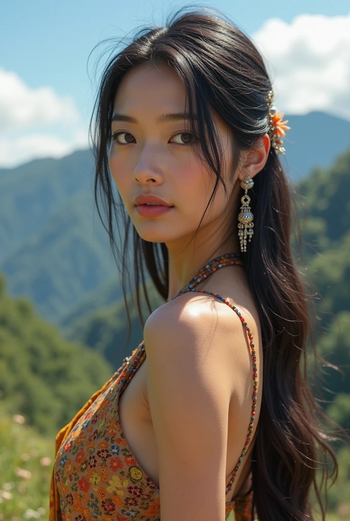 a beautiful young geisha, hot, horny, sexy, with beautiful lips, silky skin, full breasts, beautiful eyes, wearing a top, with flowers in her hair, posing by the sea, beautiful hyperrealistic digital art, stunning photorealistic digital art, a beautiful sexy Asian woman of intricate details.