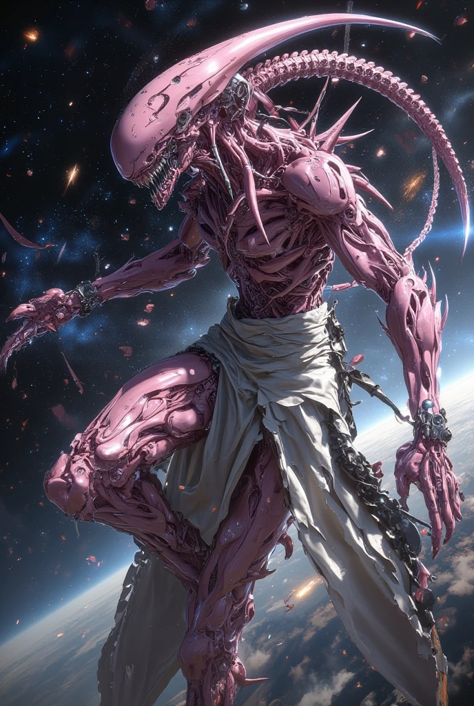 ultra detailed, absolutely resolution, masterpiece, giant humanoid alien from another planet, iridescent pink skin, beautiful form, aggressive and ferocious, flying at incredible speed, sticky, viscous substance, galaxy, scattered meteorites, highly detailed, sharp focus and contrast, extremely clear image, 2.5D, artistic photography, hyper realistic, effects magic, shading effects magic, lighting effects magic