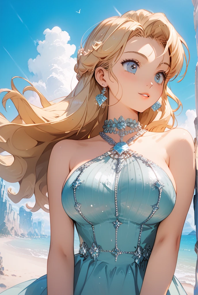 a young woman with long, silvery-blonde hair with a teal ombre that reaches her waist, very fair skin, and eyes that are a mix of deep ocean blue and sunset pink, (ultra detailed), (best quality), (8k)
