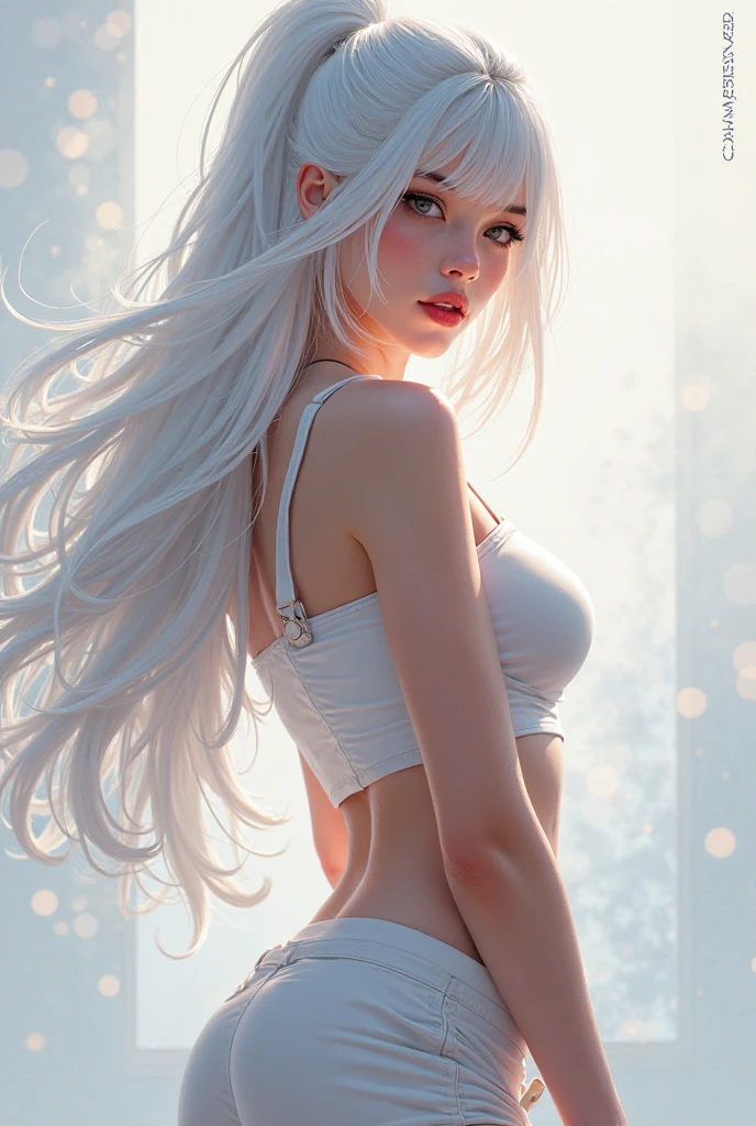Androide 21, Dragon Ball, sexy girl, poderosa, half naked, piel color rosa, classic costume, dressed whit white clothes, YOUNG, skynny body, small and beautiful buttocks, toned abdomen, small and beautiful breasts, pose sexy y obscena, obscene, sensual, nubes en el fondo, esta volando, pose de vuelo, partículas de liz, rayos, energia, el cielo esta resplandeciente e ilumina su belleza, sensual look, beautiful eyes, classic hairstyle,Hair dyed in bright white color, best quality,4k,8k,A high resolution,masterpiece,ultra detailed,Realistic, Photorealistic,photo realistic
