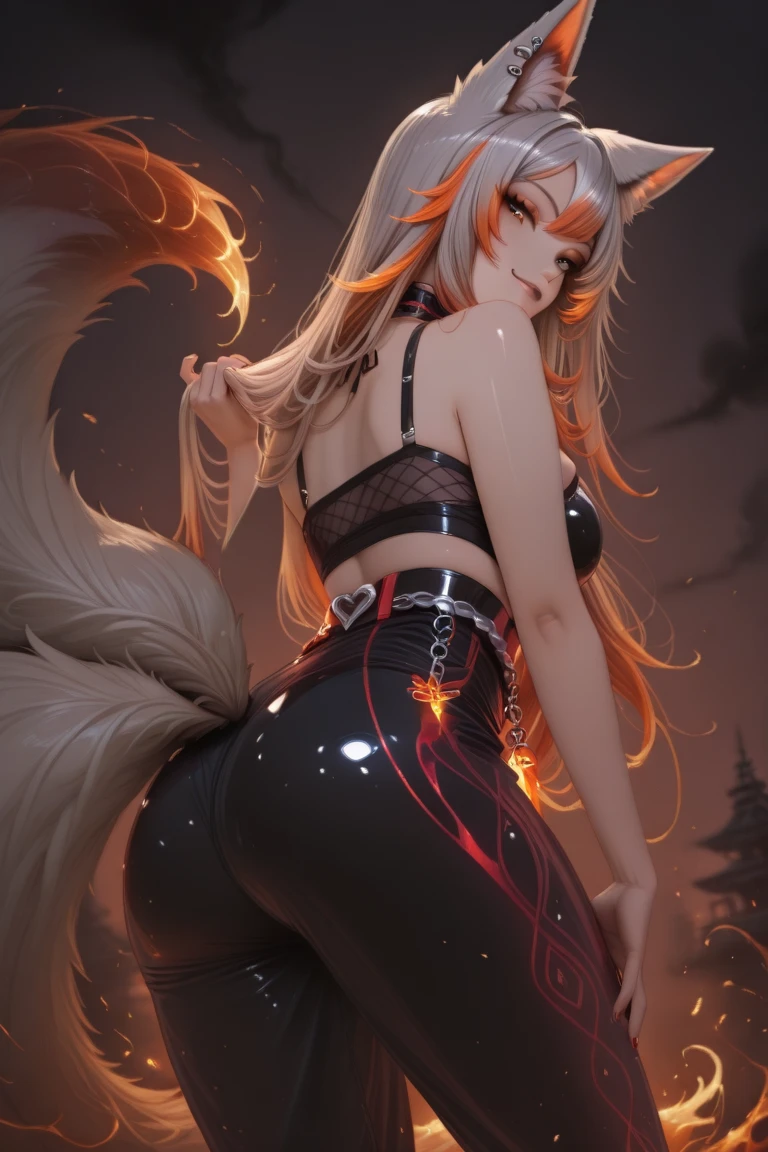 A captivating anime-inspired portrait of a young woman with wolf ears, gray hair, and pink eyes. She is dressed in a skin-tight, shiny yellow latex top iconic to Kill Bill, with a plunging neckline and a seductive design. A mischievous smile adorns her face and a fox tail peeks out from behind her knee. The lighting of the scene highlights her wet body. The background features a tranquil Japanese setting, with cherry blossoms falling gently around her. The overall atmosphere of the image is vibrant and seductive, highlighting the character's confident and enchanting presence.