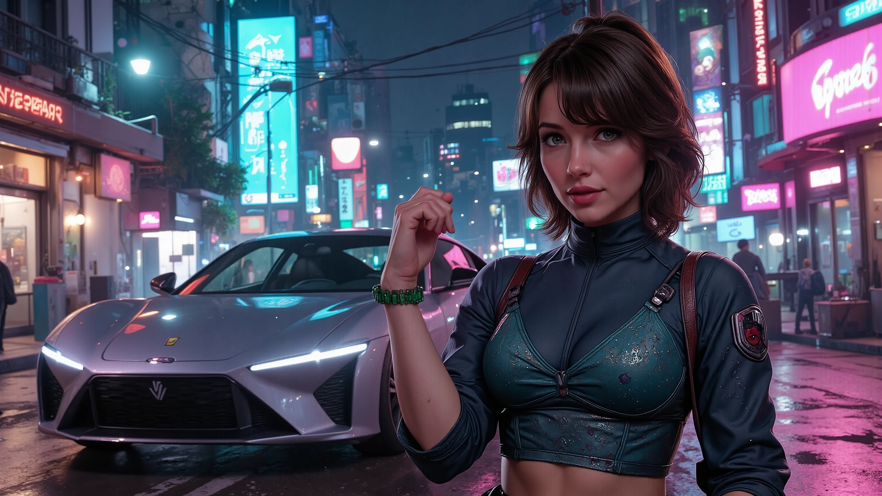 An athletic female is posing in a cyberpunk city near a cyberpunk sports car at night, wearing a futuristic outfit. Autumn, wind, horizon, sharp light and shadows, cityscape, panorama. She has a beautifully styled hair, highly defined body, highly defined muscles, extremely detailed realistic natural skin with skin pores, shiny skin, perfect hands, perfect eyes, ultra detailed body, ultra detailed face, ultra detailed feet, ultra detailed hands, ultra detailed eyes. Breathtaking attention to details, neon lights, RAW photo, photorealistic, masterpiece, award winning, Beauty and Aesthetics, ray tracing, UHD, DSLR, 16K, HDR, photorealistic, cinematic, high contrast, fine details and textures.