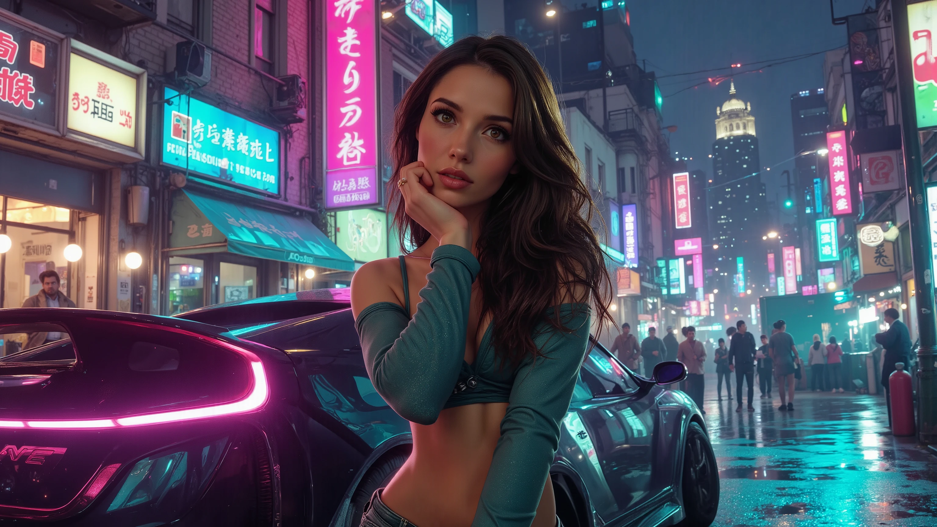 An athletic female is posing in a cyberpunk city near a cyberpunk sports car at night, wearing a futuristic outfit. Autumn, wind, horizon, sharp light and shadows, cityscape, panorama. She has a beautifully styled hair, highly defined body, highly defined muscles, extremely detailed realistic natural skin with skin pores, shiny skin, perfect hands, perfect eyes, ultra detailed body, ultra detailed face, ultra detailed feet, ultra detailed hands, ultra detailed eyes. Breathtaking attention to details, neon lights, RAW photo, photorealistic, masterpiece, award winning, Beauty and Aesthetics, ray tracing, UHD, DSLR, 16K, HDR, photorealistic, cinematic, high contrast, fine details and textures.