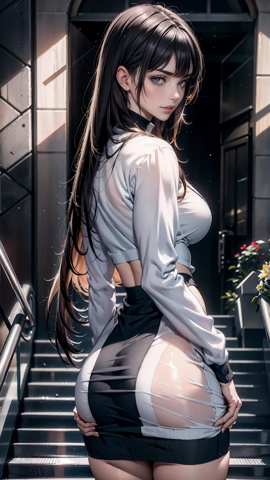 1 Full shot,girl, dasha, portrait photography, beautiful young woman with transparent western tunic dress,long_hair, realistic, eyes visible through hair, proper eye position, natural skin, backlight, cinematic light, rim light, soft light , hips, in night time, city side background, detailed color graded background, intricate , highly detail, octane render,HDR, HD, 8k, by Annie Leibovitz