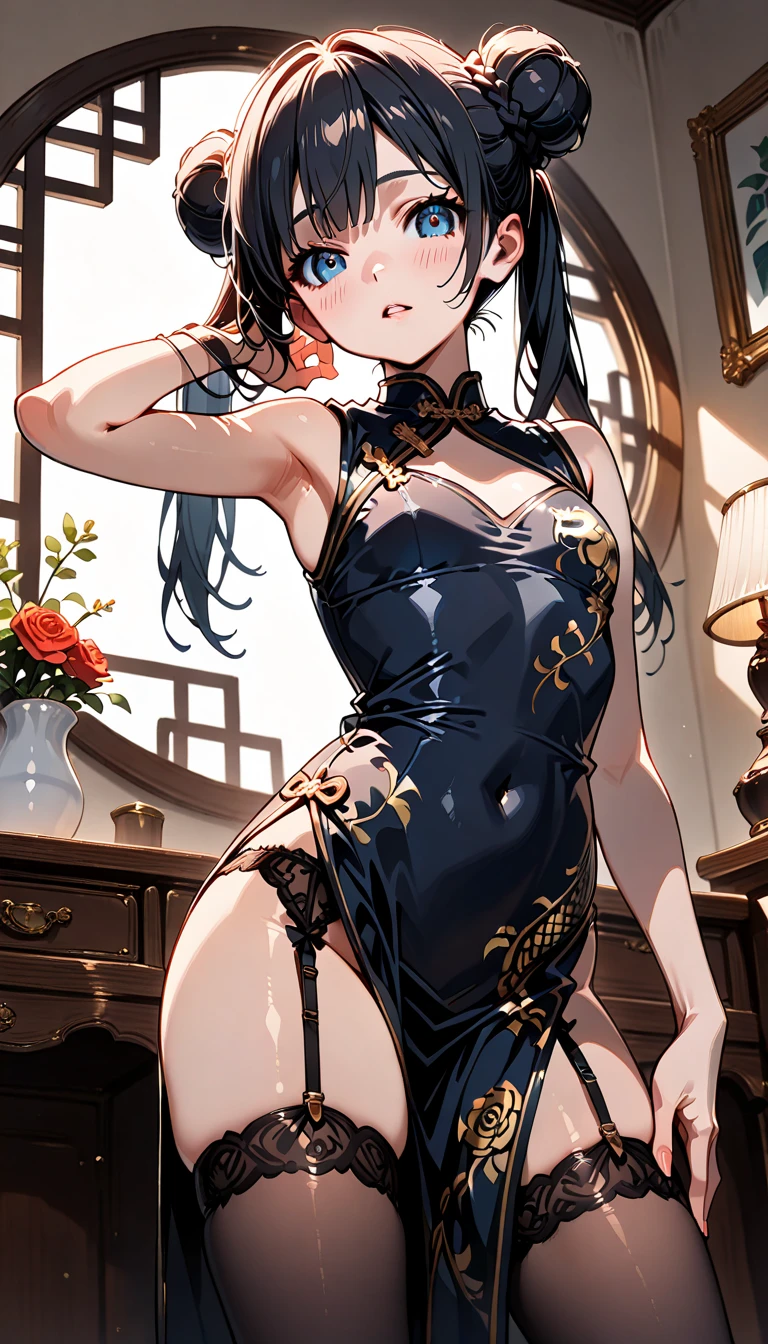 (((professional: Step by step, taking into account even the smallest detail, God-level final result, all intricate details, cowboy shot, solo 1girl view))): "1 fox girl, ruby eyes, fox ears, fox tail, high ponytail, firm breasts, medium breasts, smug, cute, short black china dress, very low-cut, (light clothing very thin and transparent like air), side full body, pelvic curtain, thigh ribbon, (pumps:1), (hugging own leg:1.1), chinese style, indoors, sharp focus, see nude, covered body, looking at viewer, (intricate:1.3), red light theme, (orange tone:0.7), illustration, "