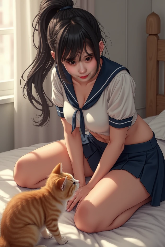 Highest quality,Highest Resolution,Sailor Leotard,High leg,smile,Bedroom,Red tie,Cat ears,Cat&#39;s Tail,