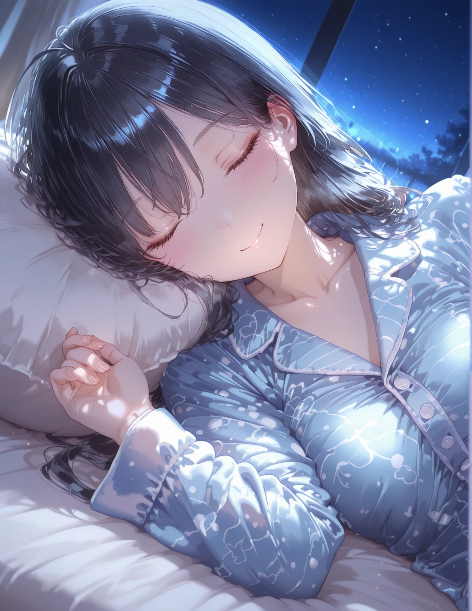 masterpiece, best quality, 1girl,wet clothes,depth of field,on side, bed,flower, snowing,snow,dress, moon,light,starry,sky