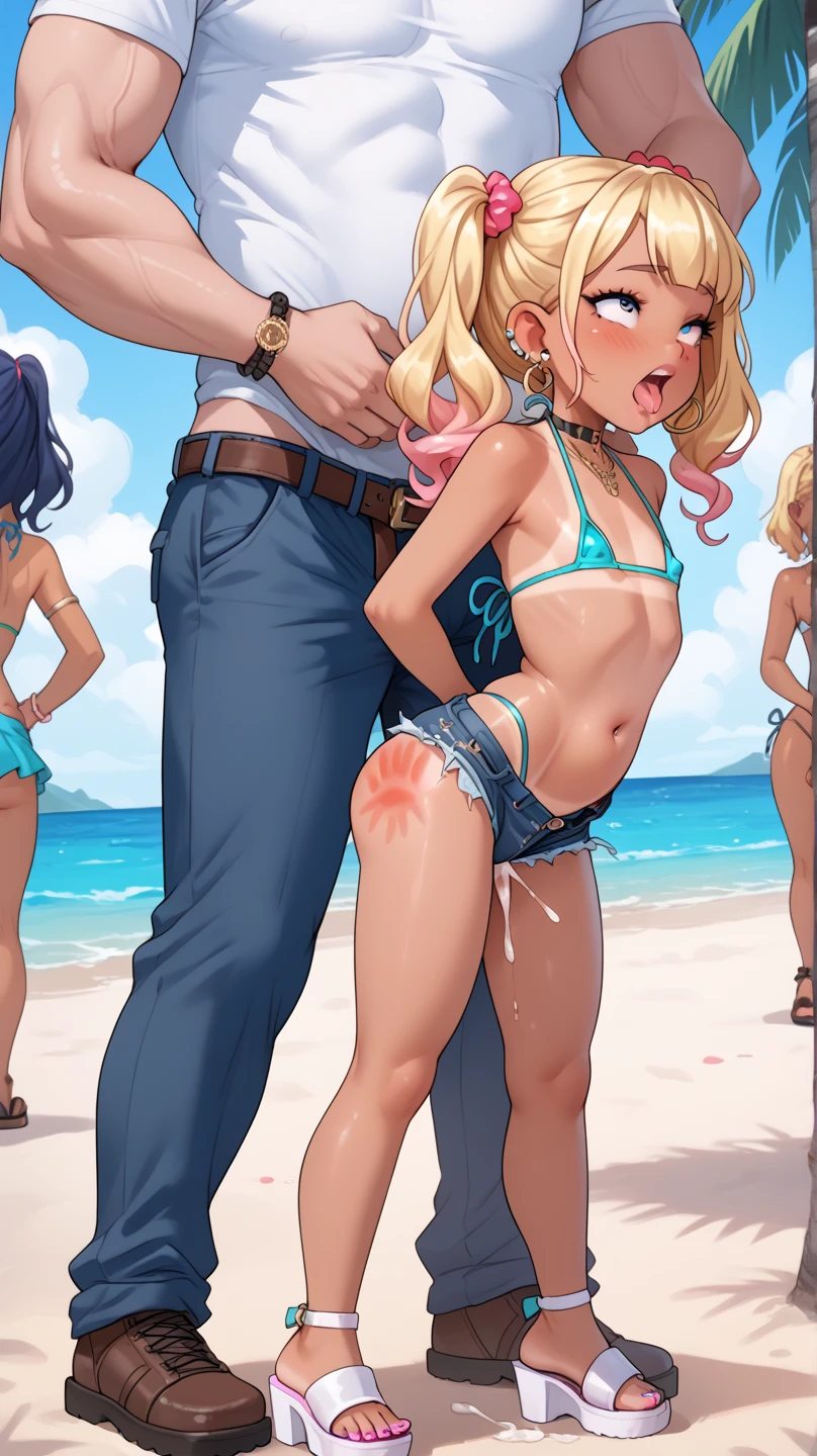 1girl, 11yearold asian slut is wearing a slutty slingshot_bikini on a boardwalk, she is kissing and having sex with a ugly 88yearold grandpa. photos. 1old man, nsfw, couple having sex. old dick