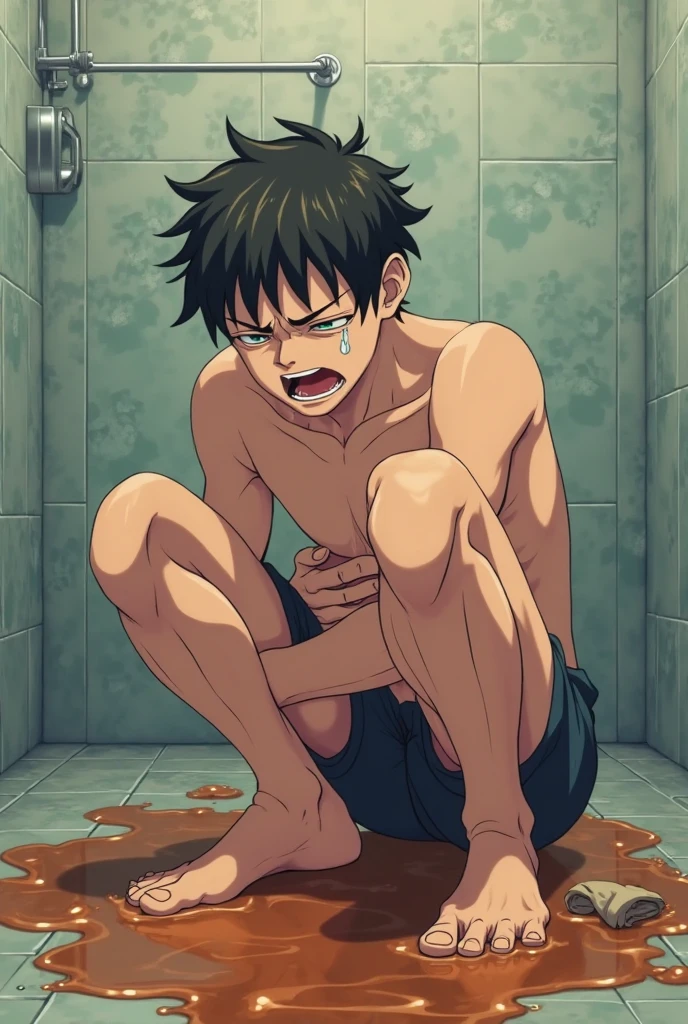 Full body, Shinji Ikari (14 years old, young boy), on all fours, shirtless, in shorts, thin, sweaty body, legs and arms handcuffed and restrained, arms behind the back, body tied by ropes and restrained. The boy is blindfolded with a black cloth, and tries to resist, his mouth is restrained by a sexual device (Rubber Penis) stuck in his mouth and throat. Behind Ken, there is an old man who rapes him with anal sex. The boy's face portrays fear, crying and pain. Frontal photo, perspective. In an old, dark basement