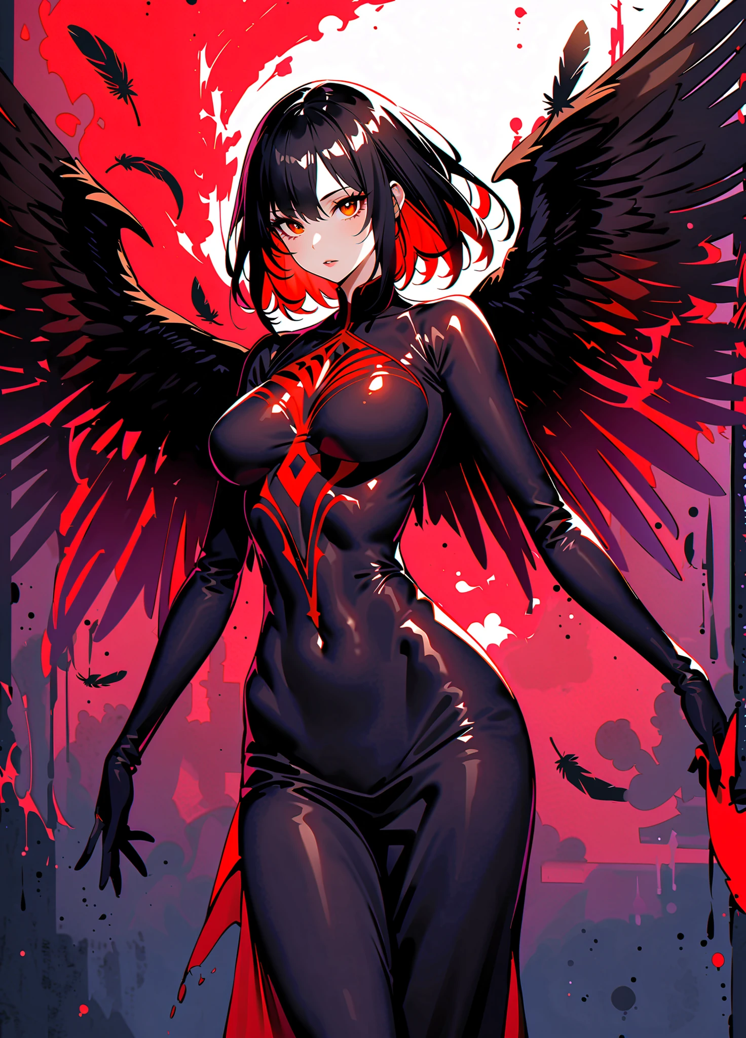 masterpiece,best quality,ultra-detailed,2girl,solo,crow,upper body,dark style,black hair,nude, sitting, legs spread wide open showing pussy,horror theme,