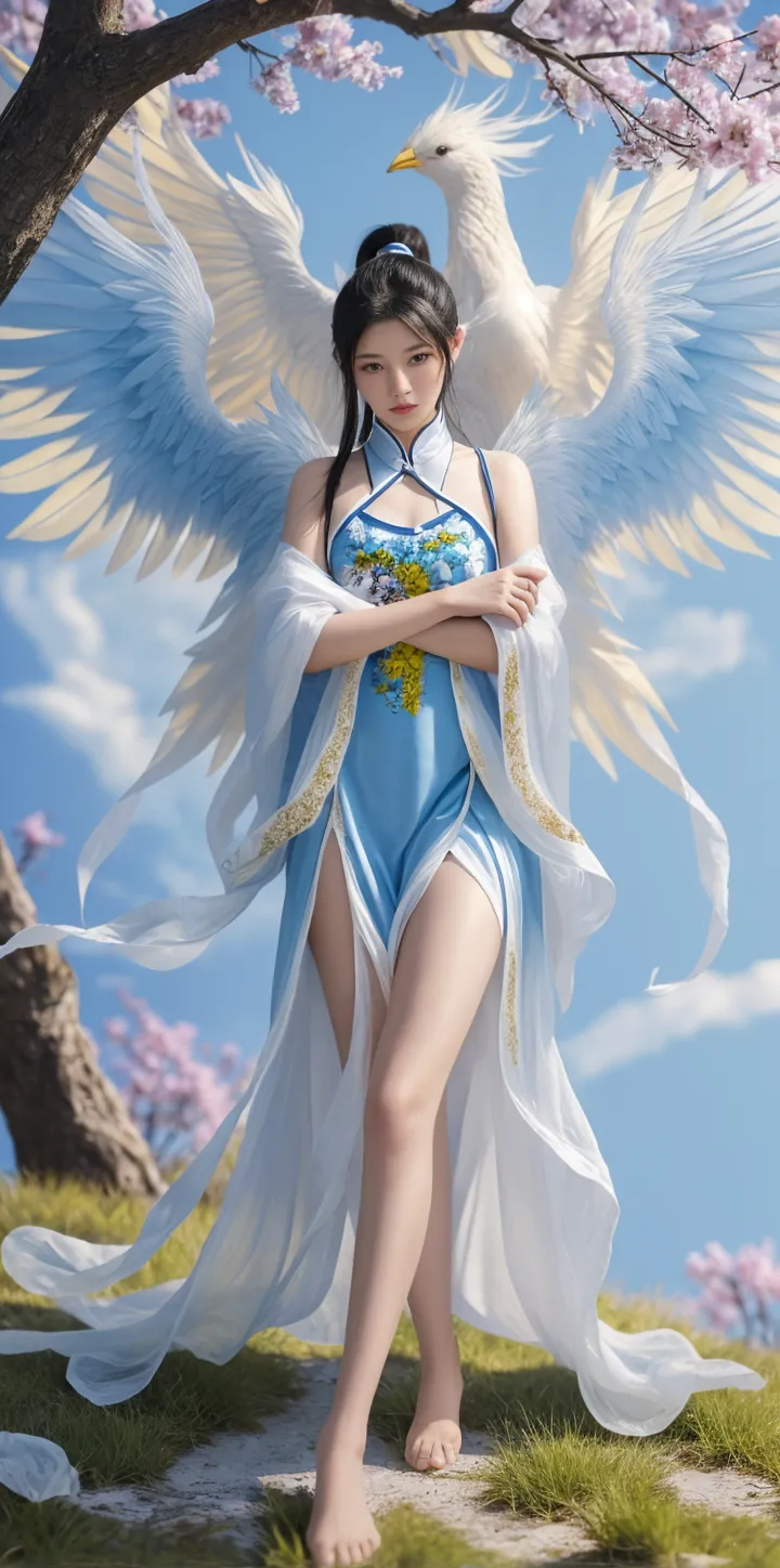Dressed up with winged cute angel, wearing a beautiful garland on his head, symmetrical white feather material imitating huge wings, exquisite details, portraits, breasts, outdoors, ancient buildings, tall stone pillars, stone railings, a 25-year-old woman named Yiping in an ancient castle: 2, eyes looking at the camera, back to the camera, natural expression, posture not stiff, curly wavy long hair, white dress long dress, the same character, various poses, different angles, rich skin details: 1.5,