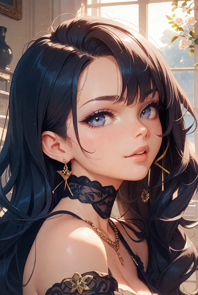 Highest quality, masterpiece, Ultra-high resolution, (Realistic: 1.4), RAW Photos, One Girl, Off the shoulder, Cinema Lighting, Kiss pose, Heterochromia iridis, Gray Hair, Cleavage,