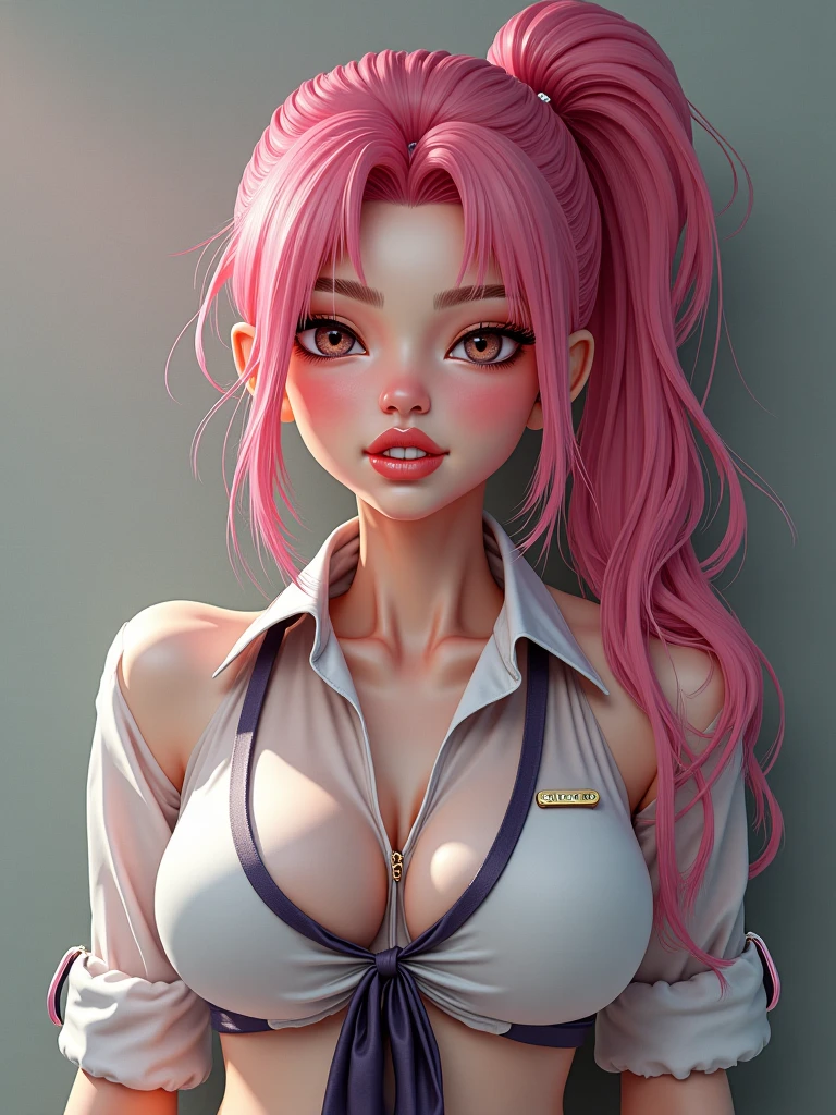 (ultra realistic,32k, masterpiece:1.1),(high detailed skin:1.1), 8k uhd, dslr, high quality, (thick\lips\),
aakaede,two-tone hair,side ponytail,sidelocks,hair scrunchie,gyaru,earrings,necklace,breasts,,red bowtie,collared shirt,pink shirt,long sleeves,bracelet,blue skirt,, , (huge breast:1.2),
(looking at viewer, portrait:1.1),,
,(tenebrism:1.1), blank background