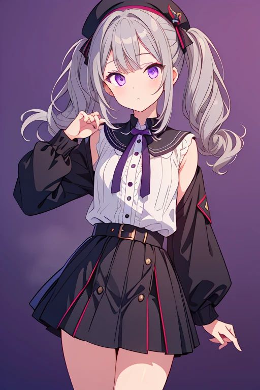 Silver-haired blue eyes、 girl、Small breasts、Twin tails、Laughter、Nico Nico Smile、Wink、 girl、Looks about 15 years old、Petan Musume、short、There are highlights in the eyes、Gal-like appearance、Wearing piercings、She leans forward and seduces、Sexy short sleeve outfit、mini skirt、Her panties are visible through her skirt、It&#39;s very hot and I&#39;m sweating、Her breasts are showing