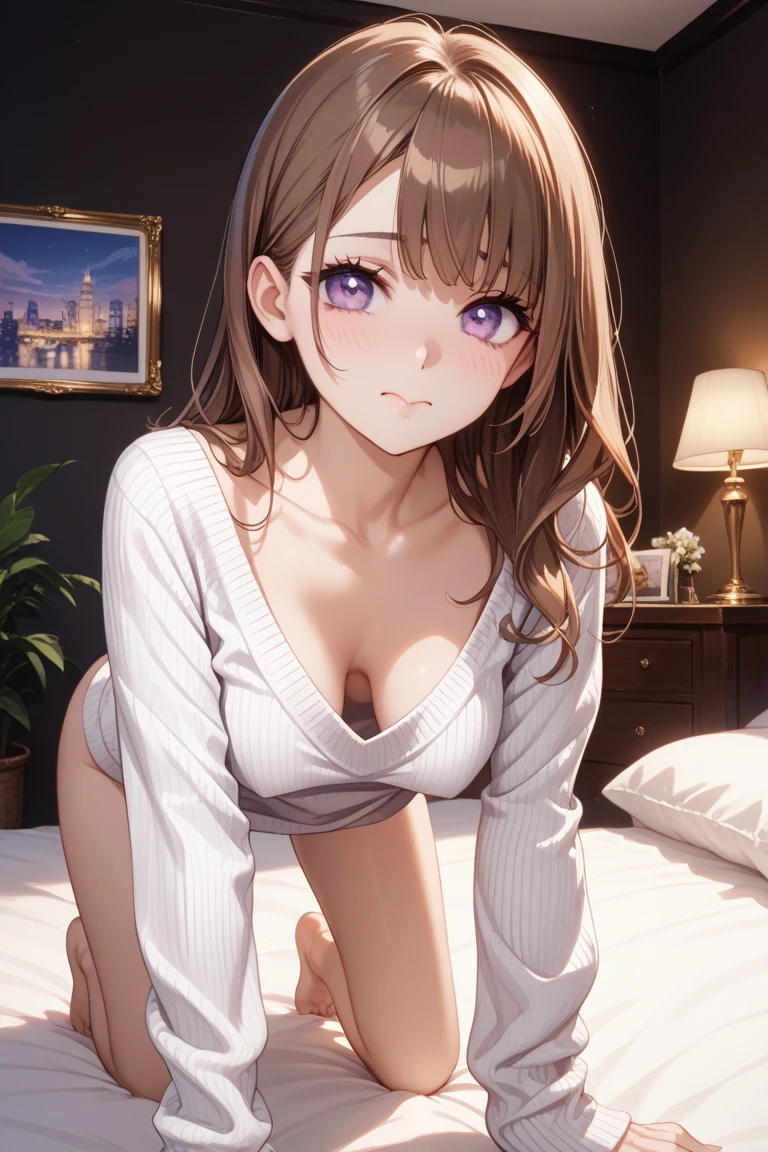 ((((Perfect Anatomy、非常にdetailedな肌))))、((Highest quality))、((masterpiece))、(detailed)、One Girl、(Ultra-glossy skin with attention to detail:1.1)、Place your hand on your chest、Shiny skin、bangs、Wavy Hair、long hair、Brown Hair、Beautiful eyes、blazer、、tits、Slipping、Nipples、D Cup、Sleeping in bed
