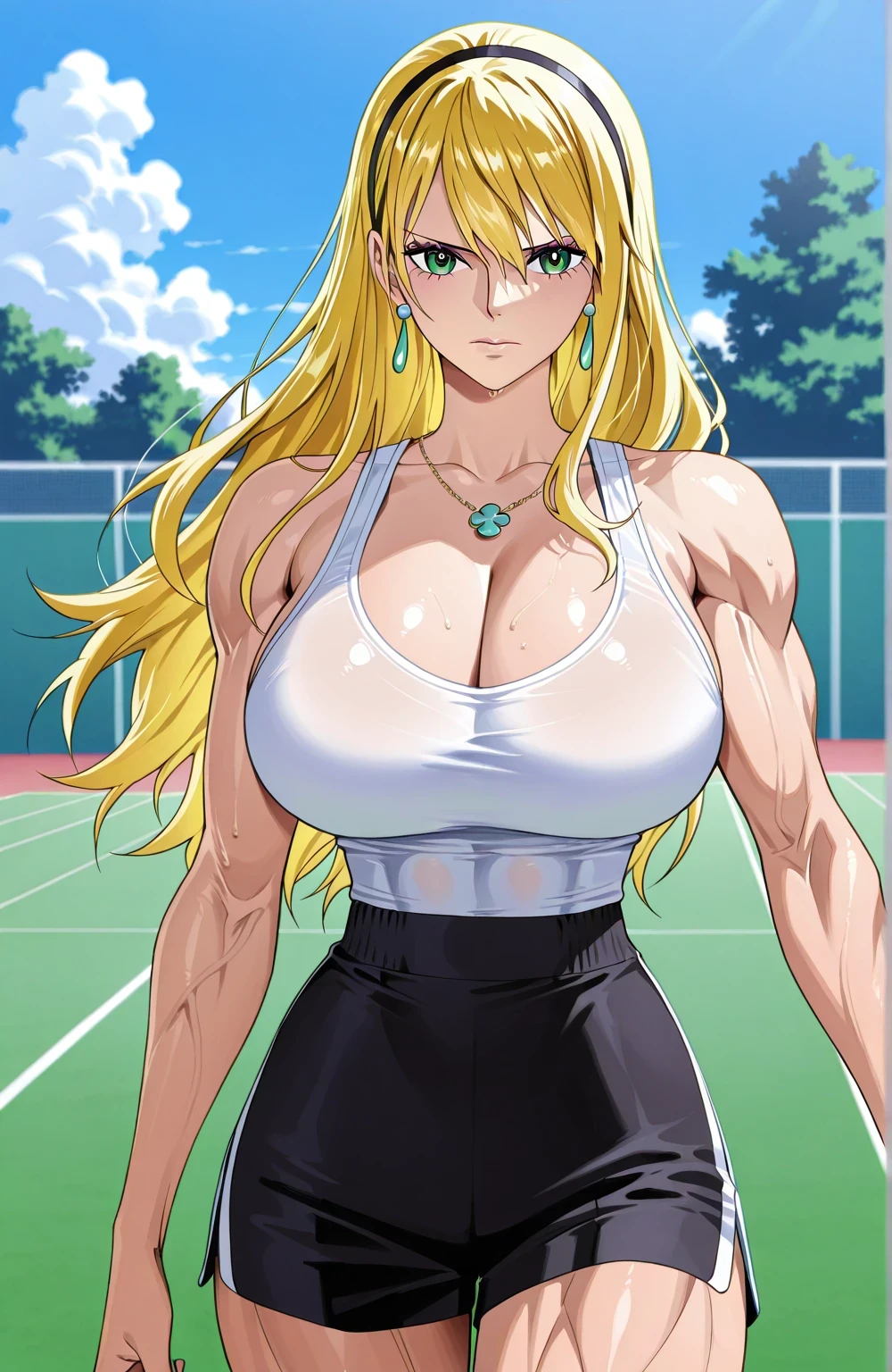 score 9 、score 8 up、score 7 up、source anime、masterpiece、Highest Quality、high definition、anime coloring、1woman、katya、cool beauty、
Anime woman wearing white tennis wear with long hair、solo、Beautiful Anime Portrait、beautiful anime girl holding a DVD、Anime Girl Portrait、beautiful anime woman、huge breasts、cleavage、very large breasts、biceps、biceps long head、biceps short head、triceps、triceps medial head、triceps lateral head、triceps longhead、brachioradialis 、deltoids、anterior deltoids、middle deltoids、posterior deltoids、thigh muscles、semitendinosus muscles、hamstrings、adductor magnus muscles、collarbone、trapezius、(blonde hair:1.5)、hair between eyes、eyelash、long hair、green eyes、jewelry necklace、jewelry earrings、black hairband、white tennis one pieceを着たアニメの女性、Anime Woman Portrait、 classy atmosphere、elegant atmosphere、sexy face、costume:white tennis one piece、no sleeve、bare shoulders、bare arms、 female anime character 、Cool anime women、very tall womam、basic tennis one piece、tennis one piece with an white、toned body、tennis one piece sleeve with an no sleeve、 Bigger Chest and Butt 、Anime Female Portrait 、detailed Anime Female Portrait 、Anime Female Portrait、Anime Woman Portrait、The King's Hymn as a Princess、looking at viewer、cowboy shot、female focus、Outdoors、tennis court、
