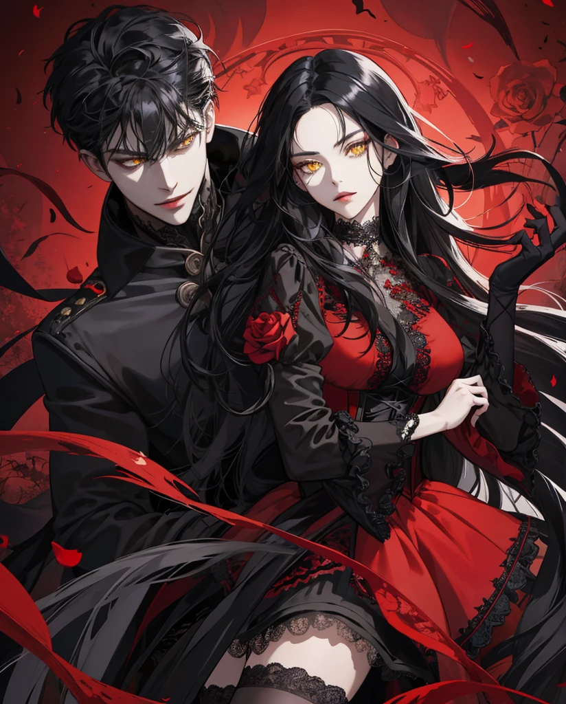 Madara Uchiha. women. Long spiky raven hair. Long right side fringe covers his face. Sharingan red eyes. Elegant dress with front neckline.