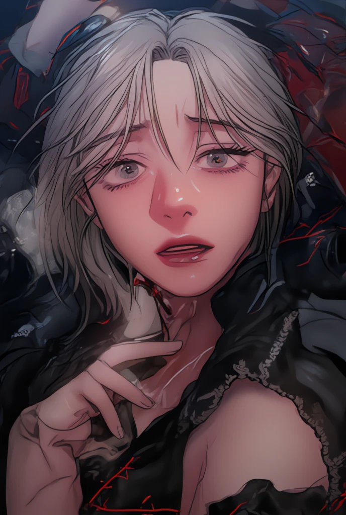 Portrait of a beautiful woman, cried, sad, tears of blood, suffering,only part of the face, long white hair, mouth closed, Closed eyes,