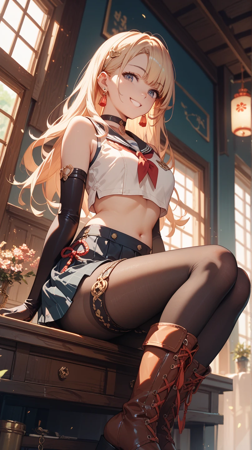 (masterpiece:1.2), (Military uniform magazine cover:1.4),best quality,PIXIV,Sweet girl , sexy posture,1girl, (perky chest:1.2), rolling upskirt by wind:1.6, (with sparkling eyes and a contagious smile),open mouth, (pointed chest:1.2),fishnets, black hair, boots, long hair, black nails, skirt, shirt, solo, black footwear, bag, black skirt, jewelry, jacket, on head, black jacket, thigh strap, bangs, necktie, earrings, nail polish, multicolored hair, looking at viewer, full body, bottle, own hands together, belt, jacket on shoulders, food, cats on head, black necktie, ring, choker, english text, collared shirt, blue eyes, platform boots, hat, lace-up boots ,masterpiece、highest quality、Very detailed、An illustration、Beautiful fine details、One Girl、cute、Detailed landscape、Training Room Background:1.4、Platinum Blonde Hair、Braided Ponytail、Red camisole、((D cup breasts, Tank top showing underboob:1.3))
