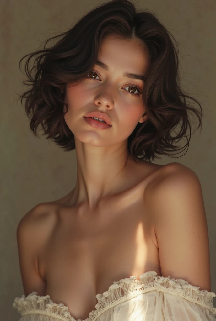 (best quality,masterpiece:1.2),8k,ultra high res,ultra detailed,best quality,looking at viewer,perfect lighting,flat light,ultra high quality,ultra high res,masterpiece,photorealistic,detailed face,(simple background),(maroon background), naked portrait, nude photography, shiny nipple, show armpit, medium breast, short hair