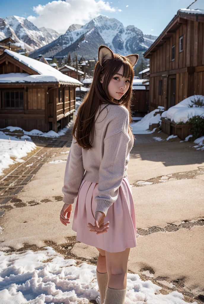 Anime style anime girl with big sand fox ears and big bushy hairy tail, with long golden hair and blue eyes, wearing a pink sweater and a blue long skirt , walks in the background of snowy mountains in beautiful outdoor scenery.