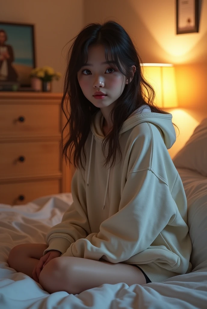 (tmasterpiece,realisticlying,A high resolution),((1girll):1.2),korean people,((Black-black-brown wavy curls):1.3),(heterochromatic eyes:1.1,Thick eyebrows,Little moles under the eyes),(White showy hoodie,Black sports shorts),((mediuml breasts):1.2,Small waist,upper legs),sit on a bed