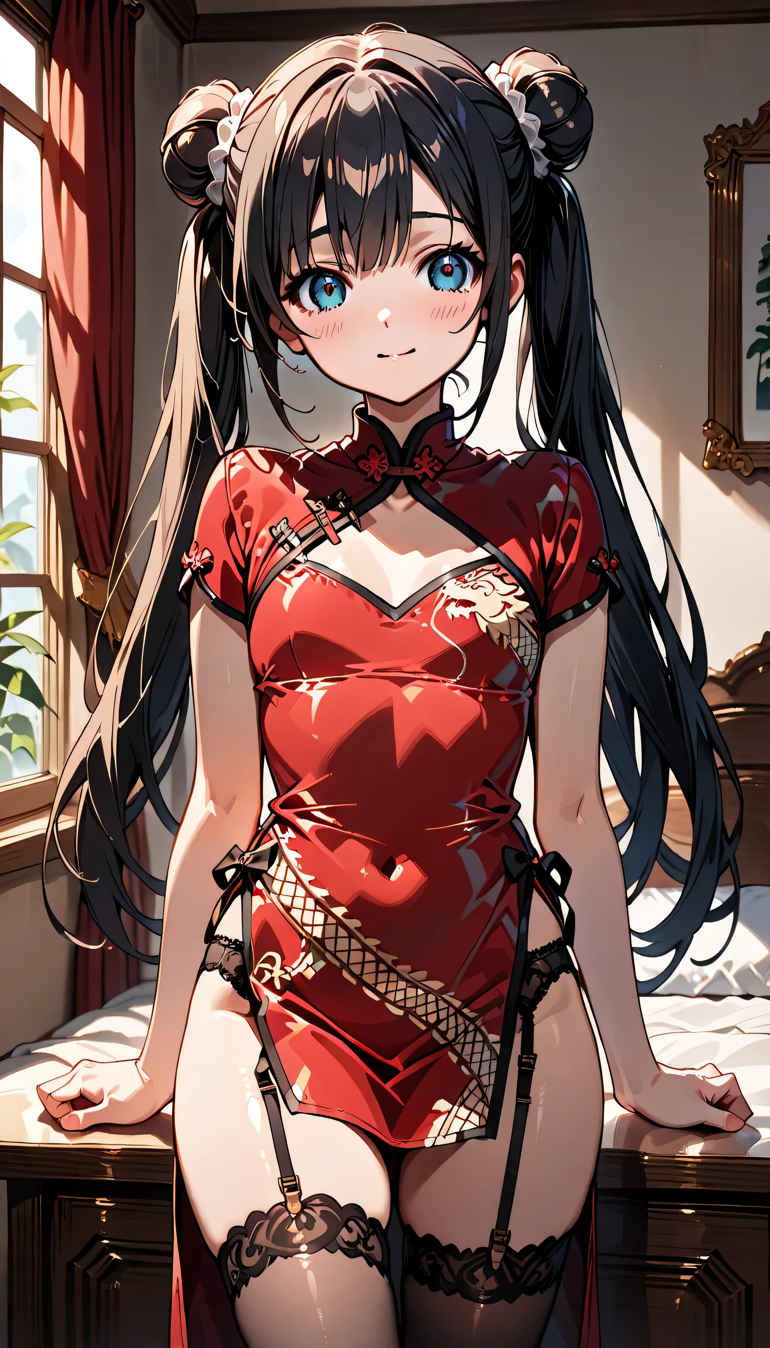 ((ultra-detailed)), (highly detailed CG illustration), (best quality:1.2), ultra-highly detailed, colorful composition, artistic photoshoot, 1girl, solo focus, thigh to top, cowboy shot, moe anime character, girl, short height:1.3, baby face, round face, rounded chin:1.2, brown eyes, black hair color:1.3, double bun and twin tails, small chest, wine red chinese dress with gold floral print and large slit, garter belt, fishnet tights, black panties, smile:1.3, happy:1.3, joyful:1.3, blush:1.2, open mouth:1.2, looking at viewer, indoors, standing chinese style room, chinese style window, petals glowing and fluttering, dynamic pose, contrapposto pose, from front, best quality, masterpiece, expecting, pink cheek, blush, light pink gloss slip, portrait, depth of field, soft lighting, sidelighting, shine, lighting, caustics, ray tracing, perfect face, lustrous skin, highly detailed face, highly detailed eyes, perfect face, perfect nose, perfect hair, perfect eyes, perfect anatomy, beautiful hair, beautiful small face, extremely detailed face, beautiful detailed eyes, beautiful clavicle, beautiful body, beautiful small chest, beautiful thin thighs, beautiful legs, (beautiful fingers), (4 fingers), (1 thumb), lovely, (very detailed background:1.0), (highly detailed background:1.0), spring aesthetic, intricate details, bashful atmosphere, spring colors palette, chromatic aberration