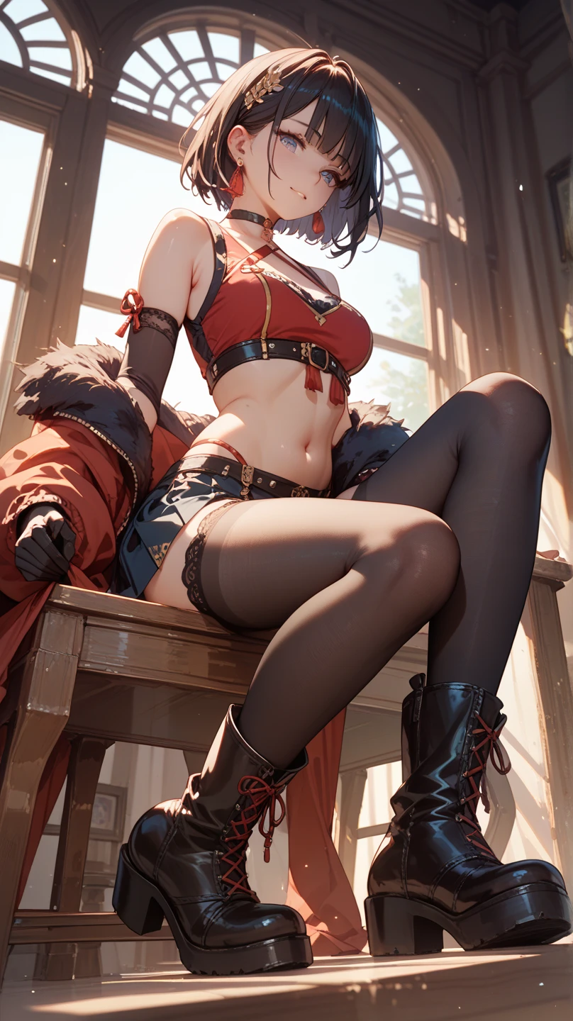 gwen tennyson,elsa,tracer,atelier ryza,teenager,pirate outfit,beach,green eyes,long scarf,thigh high boots,garter belt,shy smile,striped panties,short hair,orange hair,pirate ship,white striped top,tight skirt,freckles,redhead,pirate corset,pirate jacket,beautiful girl,large breasts,ultra detailed,realistic,pearl earrings,spread legs,wet vagina,