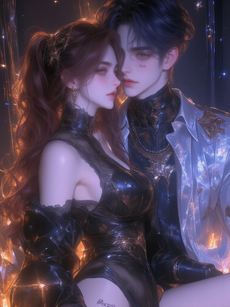 (Best Quality, 8K, Masterpiece, HDR, Soft Lighting, Picture Perfect, Realistic, Vivid), (woman, red hair, brown eyes, cat ears, close to man)( man, male, black hair, blue eyes, Man with cat ears, get ear) woman and man, cat ears, couple, (((full size figure))) Eyes looking at camera (with long red hair, long bangs, Forehead, smile, seductive, anime character portrait inspired) color difference, depth of field, dramatic shadow, ray tracing, best quality, highly detailed CG, 8K wallpaper, [Carefully rendered hair [Read more about beautiful and shiny hair]] ,(Perfect hand detail [ Beautiful fingers without breakage [Beautiful nails]],(Perfect ??????? (Perfect proportions)) [[Resembles the whole body]],[Perfect color coordination (Accurate imitation of the interaction of light and material)], [Fine art, conveying the meaning of the story]