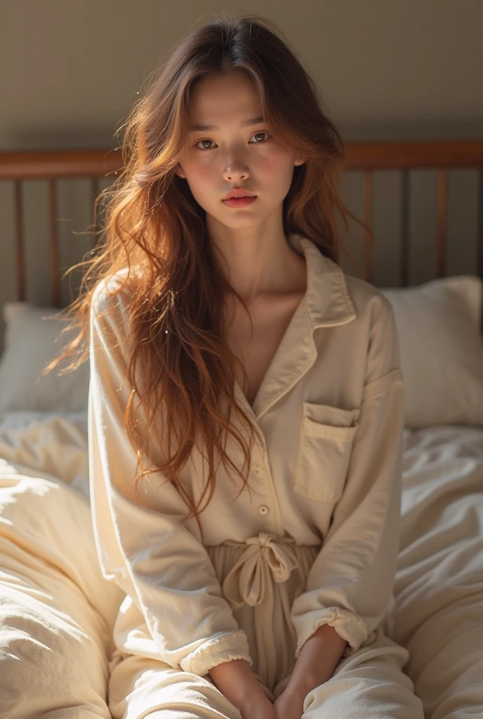 Beautiful, Darling, home girl in casual dress with red hair, long hair looking clearly into the camera sitting on the bed. There is a light wall behind, there is a garland and artificial branches of vegetation on it