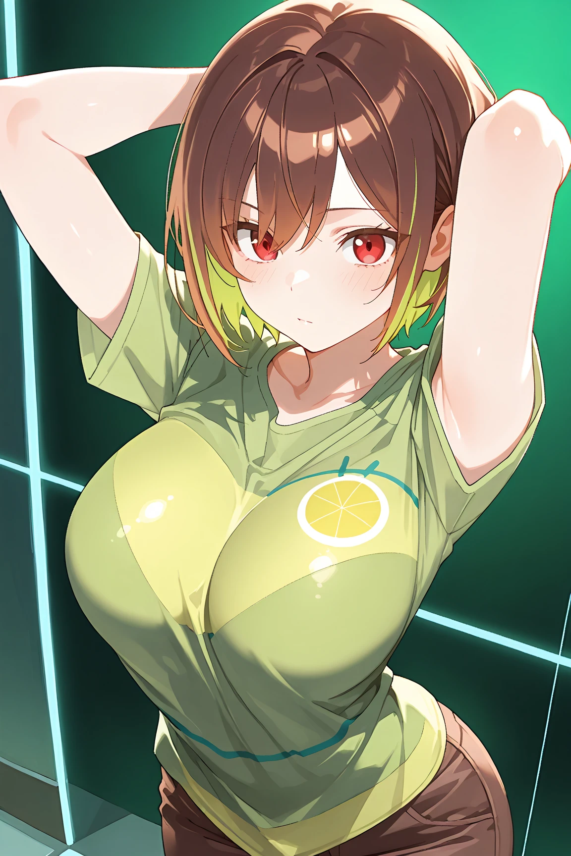 (masterpiece),(best quality),(ultra-detailed),(best illustration),(best shadow),(absurdres),(detailed background),(very aesthetic), luca ikaruga, 1girl, blonde hair, solo, multicolored hair,lightgreen metallic verymicrobikini,coverdnipple, yellow eyes, looking at viewer, black hair, night city background ,cum,cumshot