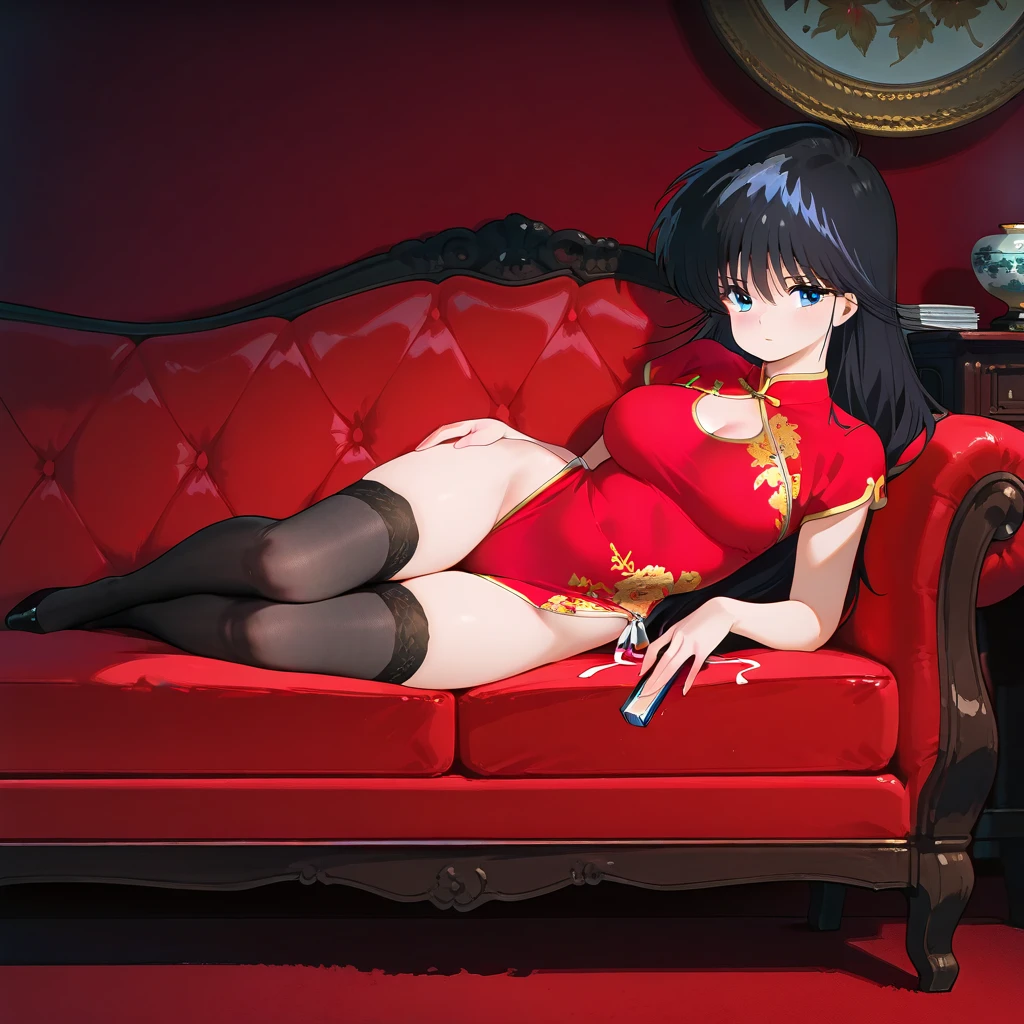 A woman wearing a low-cut red dress, exposed shoulder, golden put on with red ruby, long transparent black stockings, red heels, big breasts, black hair, long hair, golden olive leaf in her hair, standing in a large room, eyes red, perfect face, perfect lips, perfect eyes red luxury chair, piano in the living room, large luxury windows, perfect lighting, luxury wooden floor with carpet, artistic paintings on the wall, (Azur_lane, IJN_Taihou)UHD, masterpiece, accurate, anatomically correct, textured skin, super detail, high quality, best quality, 8k, high resolution, bokeh effect.(solo woman),white gloves, close view.