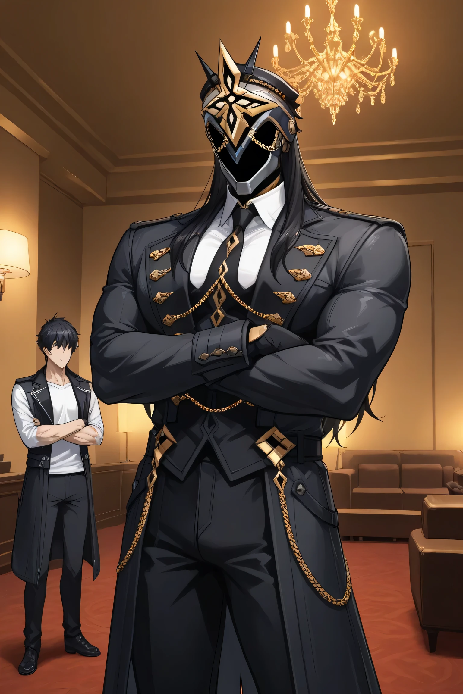 score_9, score_7_up, source _ Anime Ilcapitano , a boy, Alone, male approach, BLACK HAIR, Long hair, Mascara, Faceless, Masked man ,
Hotel room interior , Party atmosphere ,interior lighting,
white t-shirt with long sleeve buttons, black tie,black coat, Skin-tight fit ,muscles clearly outlined across the shirt, Strong pecs and arms visible ,dark black pants, Gala style , Gala attire,
Arms Crossed, confident and dominant posture, standing position,
Imposing, muscular build , Powerful masculine aura ,Alone alone,