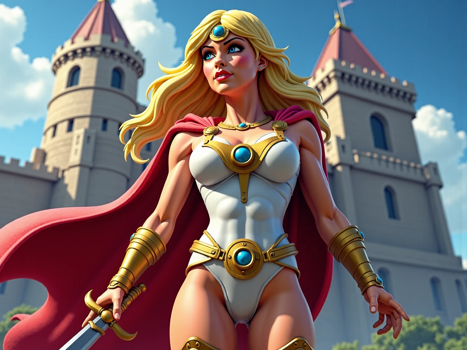 full body portrait, She-Ra: Princess of Power, 1980s \(style\), 1girl, blonde hair, retro art style, wavy hair, solo, superhero, unbutton_shirt, (natural_breasts:1.2), medium_breasts, cleavage, full body shot, detailed face, model pose, shoes visible, ass view, face view, multiple views