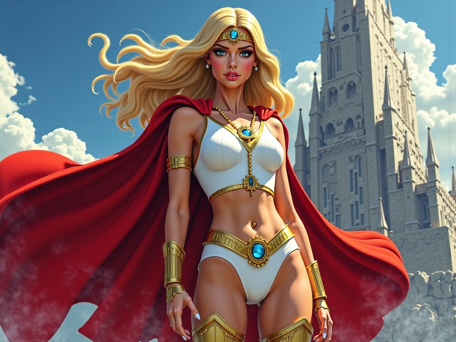(masterpiece:1.2), (best quality:1.2), perfect eyes, perfect face, volumetric lighting, 1woman, female, mature face, (puffy lips), hand on hip, flexing biceps, long hair, (voluminous wavy hair), blonde hair, seductive smile, blush, sweat, white skirt dress, soldier \(dq3\), ((winged helmet)), red cape, gold bracelets, abs, toned, wide hips, thick thighs, huge breasts, sky, detailed background, ((sunset ambiance light:1.0))