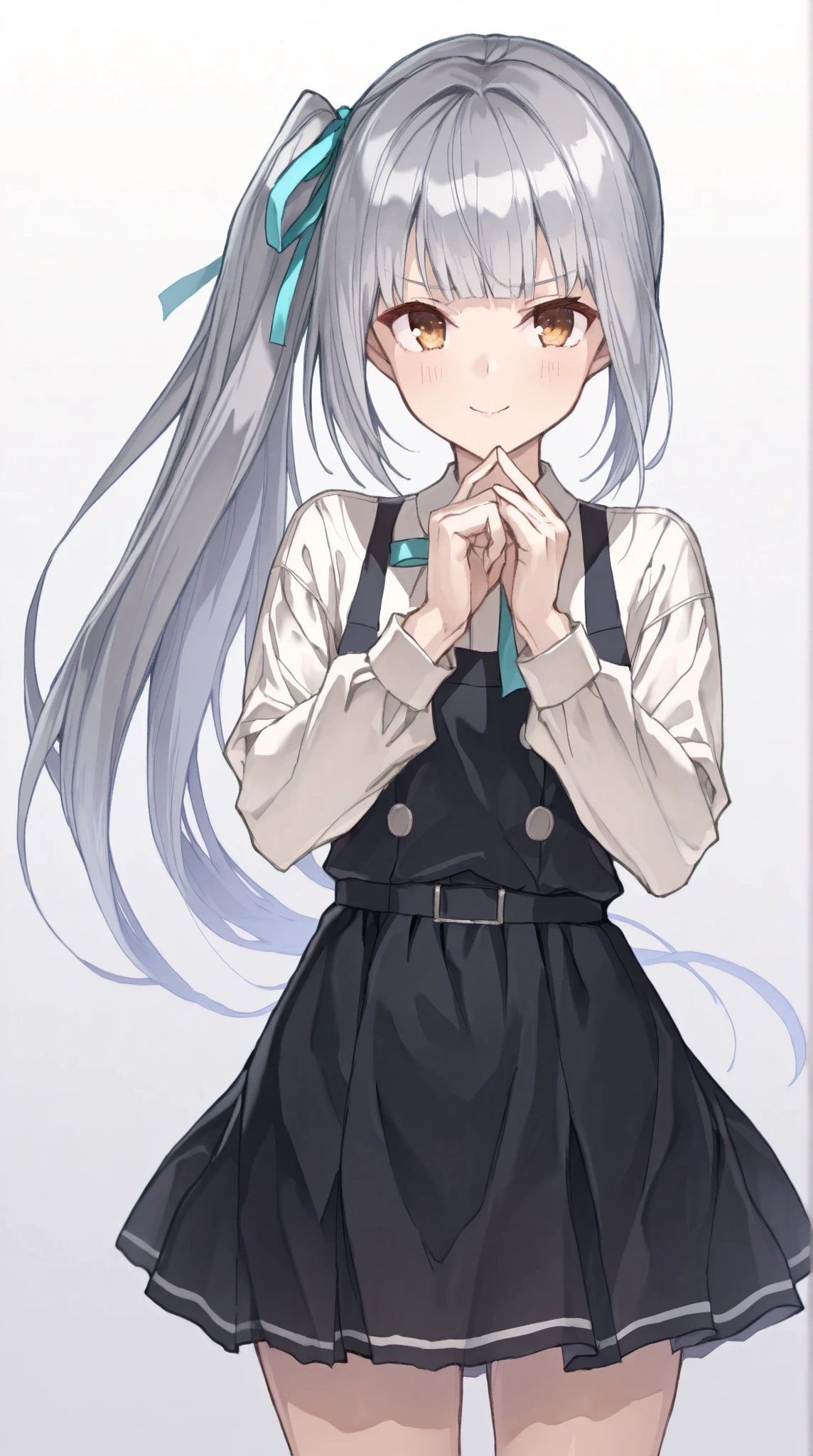 8K (high definition) (Super Detail) (masterpiece) (Highest Quality) animated illustration detailed eyes detailed face detailed hands Delicate hair detailed wrinkles on clothes very elaborate body with raised palm fine skin healthy skin tone with ro in the background solo (KasumikainIKC ), long hair, shirt, long sleeve, dress, ribbon, ヘアribbon, 白shirt, 黒dress, (SIDE PONYTAIL), 赤ribbon, 黒ribbon, ピナフォレdress, skirt for ears be happy Dynamic see here point here