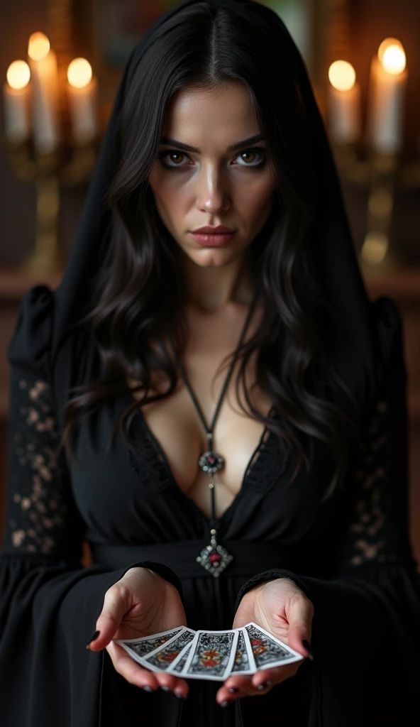 (sexy goth demon nun), Dark, mysterious, charming, hauntingly beautiful, (detailed facial features, PENETRATING EYES, dark red lips), flowing black robes, necklace with a cross, sensual, seductive pose, (candlelight backdrop, sinister atmosphere), (Best Quality, High resolution, ultra detailed), (Gothic art, oil painting, dark fantasy), (dramatic lighting, darkness, ethereal glow), (Black and red color combination., intense contrast), (Beautifully composed, intricate details), (evokes a sense of desire and forbidden allure.)., horned girl, devil horns, elf ears, cleavage, thigh, short skirt, sexy