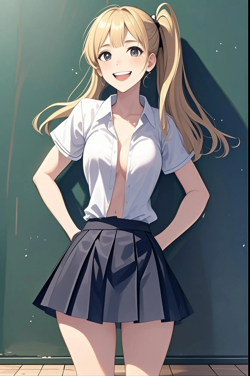 ((best quality)), ((masterpiece)), ((detailed)), (((perfect face))), (((slender 18yo age girl))), (((topless))), (((medium breasts))), ((((dark blue pleated skirt from waist to thighs)))), ((blonde hair)), (((green eyes))), ((angry:1.3)), ((blushing:1.5)), ((skinny thighs)), ((skinny hips)), (((bare arms))), (((bare shoulders))), (((bare stomach))), (((bare chest))), (((walking))), (((interior corridor))), (((wearing black shoes))), (((looking at viewer))), (((arms up)))