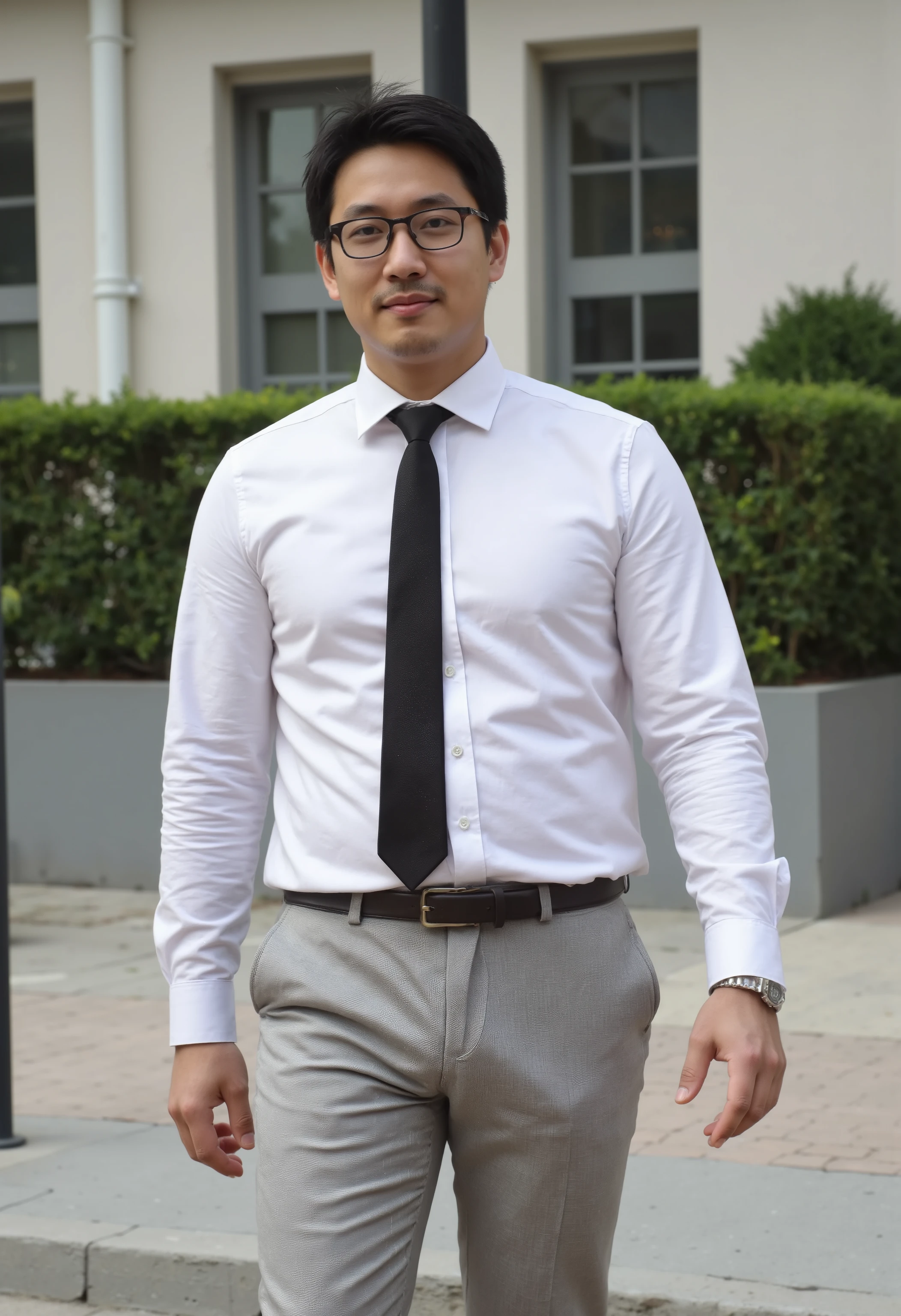 The 38-year-old Asian, wearing eyeglasses and a white long-sleeved shirt, fitted light grey slacks, a black tie, a very handsome, plump figure in the crotch of his trousers, showed a bulging, rounded, long torso under the crotch. Leaning upwards to the left, it has an elongated cylindrical shape at the end, it is shaped like a showy mushroom flower head, showing very big bulge in tight pant., photorealistic skin texture, full body walking in the middle of the daytime bass court