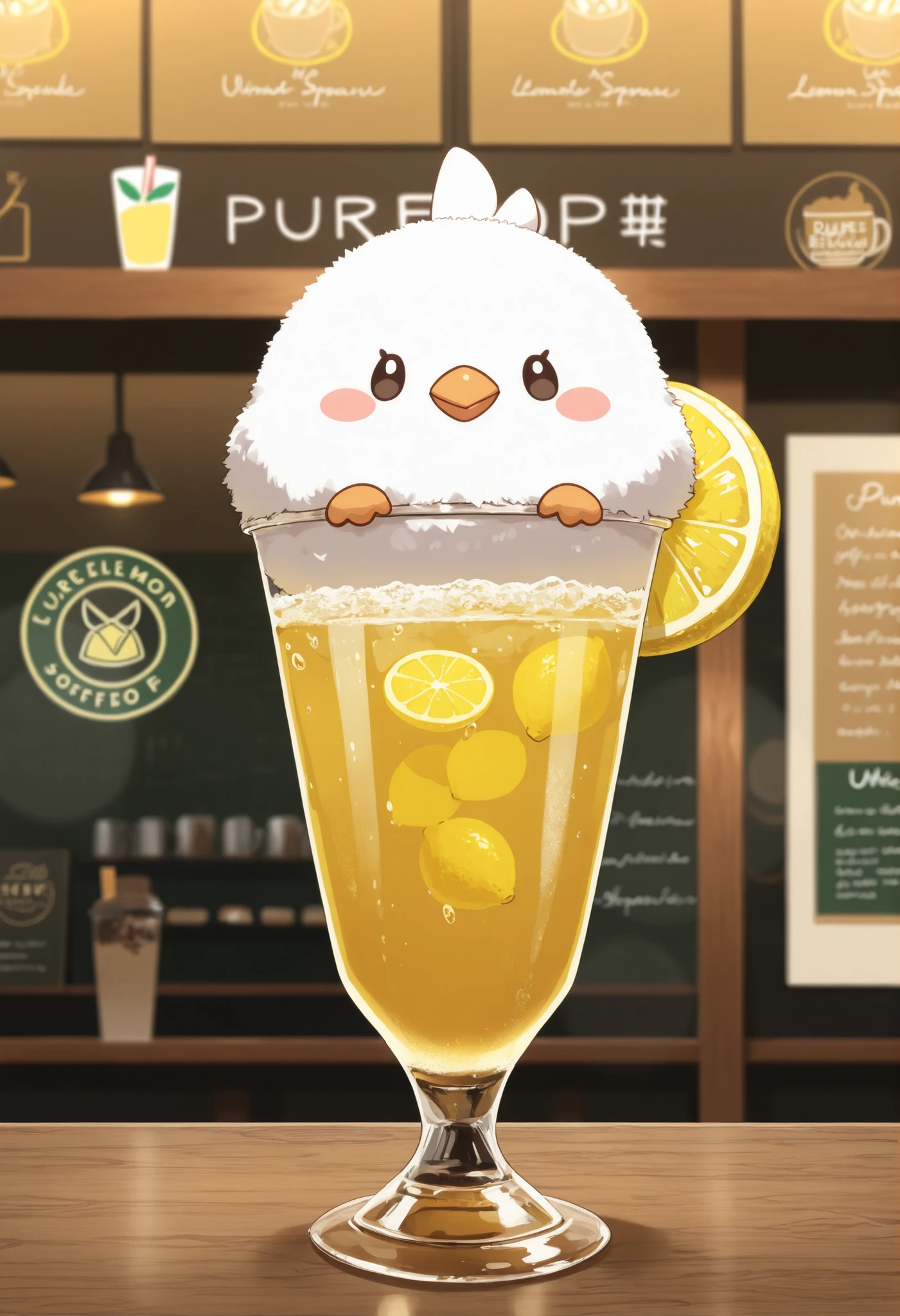 Masterpiece,Best quality, ultra detailed,Japanese Anime style, (pure white sparrow mascot) , round body, fluffy body,simple face, cute appearance, on top of lemon, on top of lemon next to lemonade drink, on top of table in coffee shop, inside coffee shop,