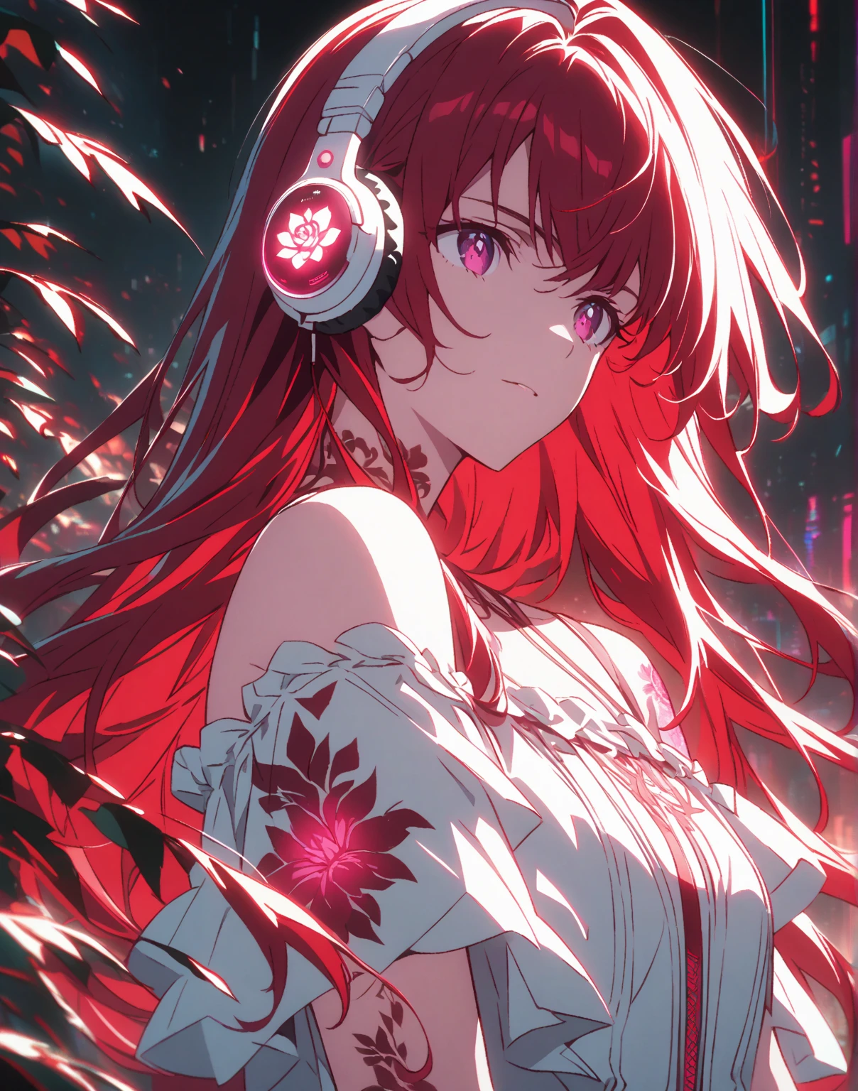 Satanichia McDowell at sunset, dressed beautifully and wearing bracelets on her hands.
Headphones on her ears and lying on some trees relaxing.
Magenta eyes and red hair.
Slender body. (from above)