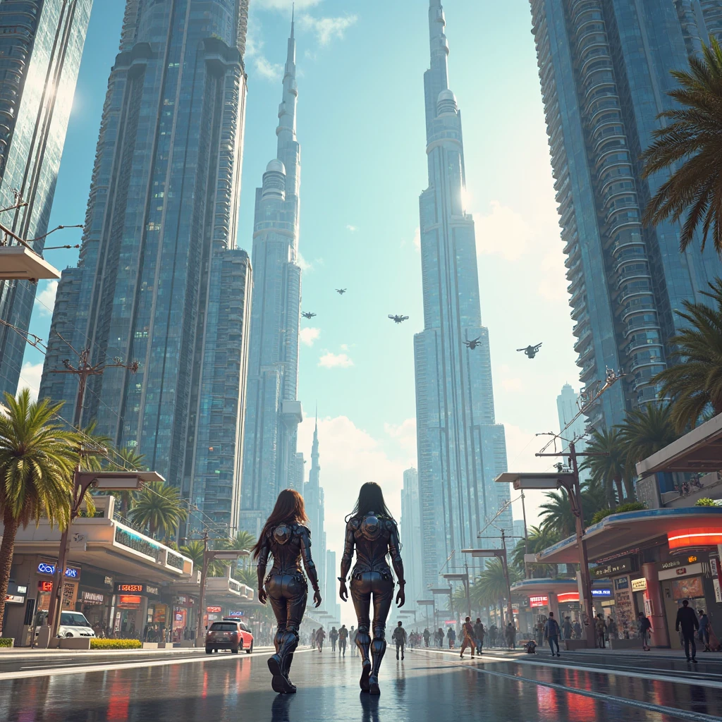 a city street of the future with hover cars and android robots walking on the sidewalk, three beautiful asian or african or latina or native or european woman with long braided black or red or blue streaked hair walking away with her backside revealed, best quality, super detailed, anatomically correct, highres