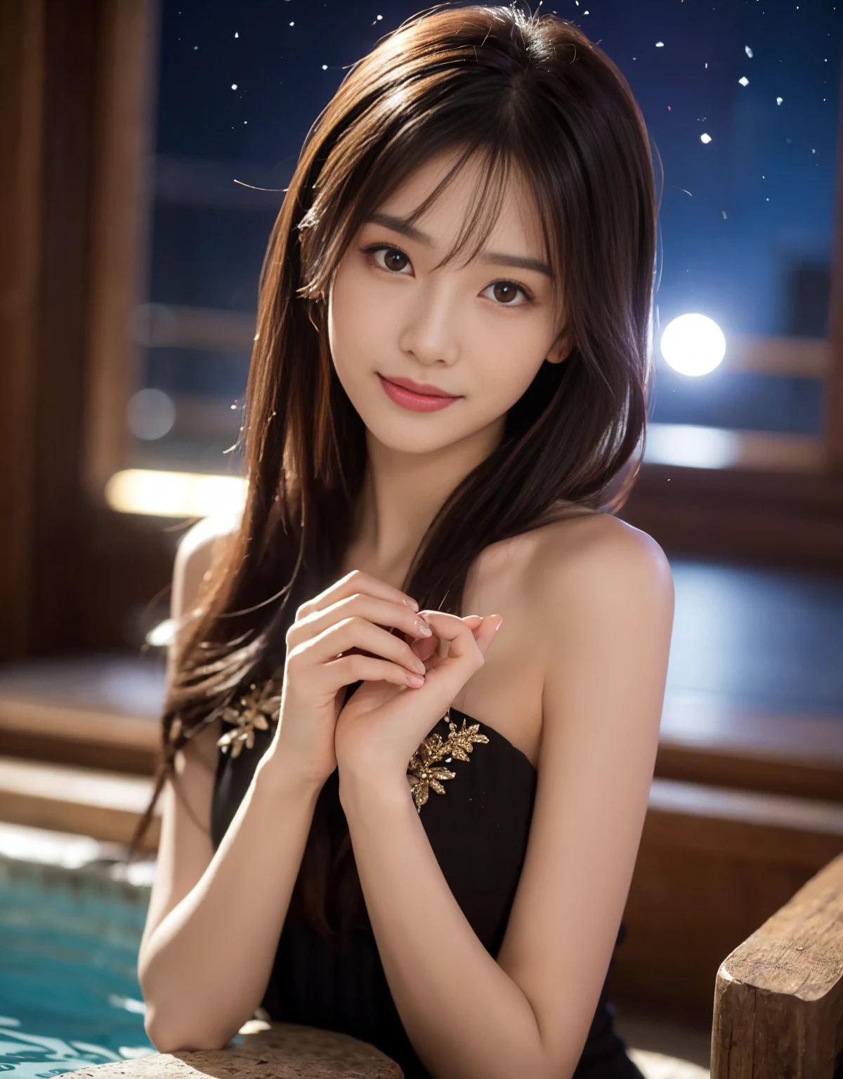 Best-quality, Masterpiece, Ultra-High-Resolution, (Photorealistic:1.4), Raw-Photo, 1girl, 18-years-old, the most famous Japanese idol, at luxury-hotel-suits, dynamic-pose, (((wearing honly gorgeous evening-dress))), ((extremely cute face like the most popular Japanese idol, ((extremely cute and extremely big black-eyes)), extremely beautiful hair, extremely cute lips, extremely beautiful skins)), innocent-smile, detailed luxury-hotel-suits, detailed gorgeous-evening-dress