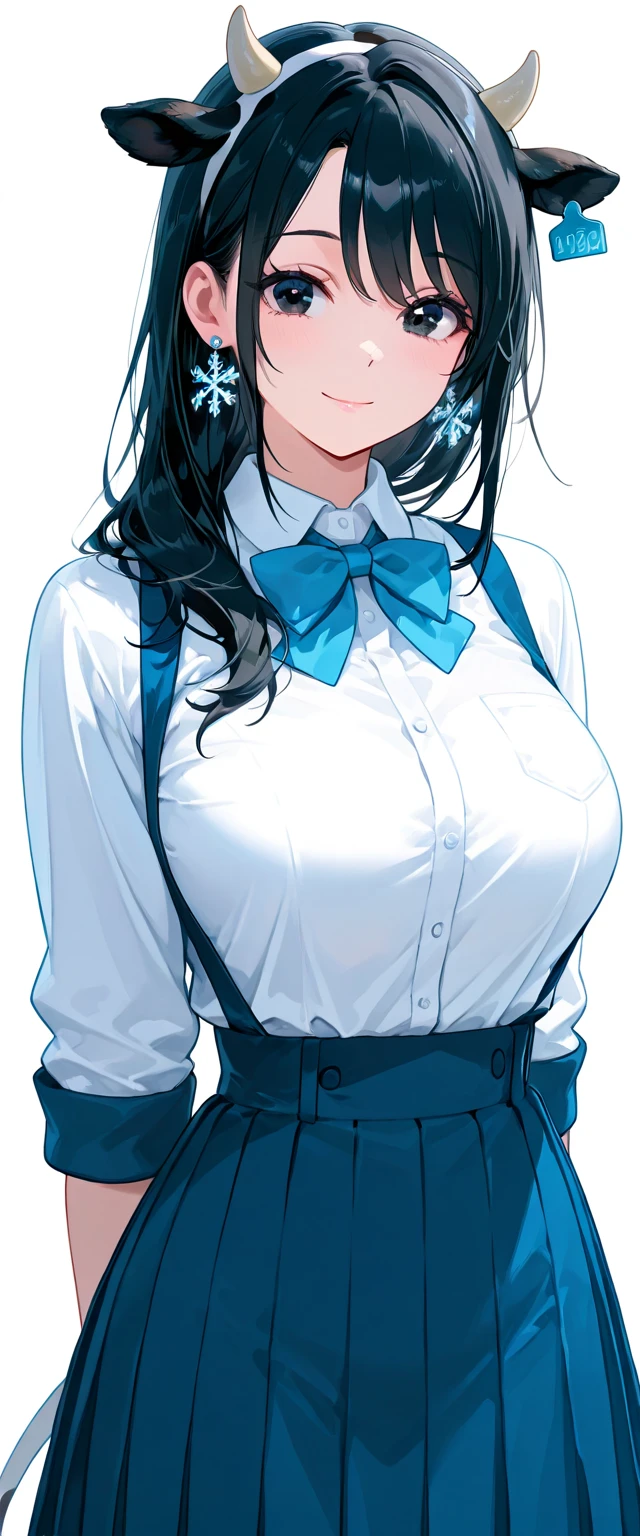 long_hair, bangs, blue_eyes, smile, hair_over_one_eye, light_brown_hair, breasts, blush, halo, large_breasts, ribbon, bow, bowtie, grin, hair_ribbon, blue_bow, blue_bowtie, cleavage, blue_ribbon, very_long_hair, mole, mole_on_breast, dark skin, hair covering one eye
